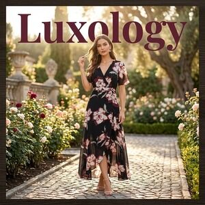 Luxology Women Black Floral Wrap Maxi‎ Dress Flutter Sleeve High Low Hem Wedding